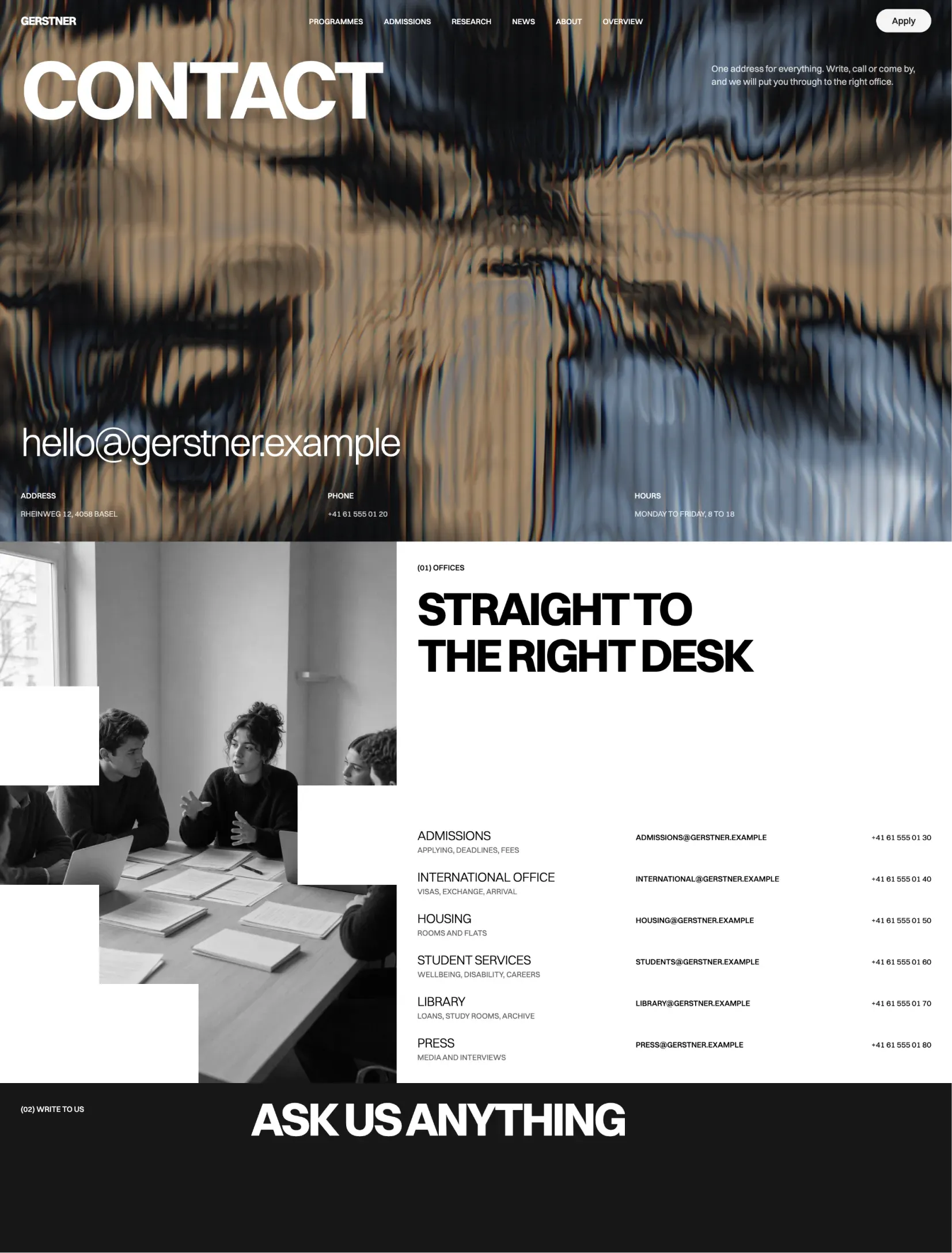 The Gerstner contact page with the headline contact over a photograph seen through fluted glass