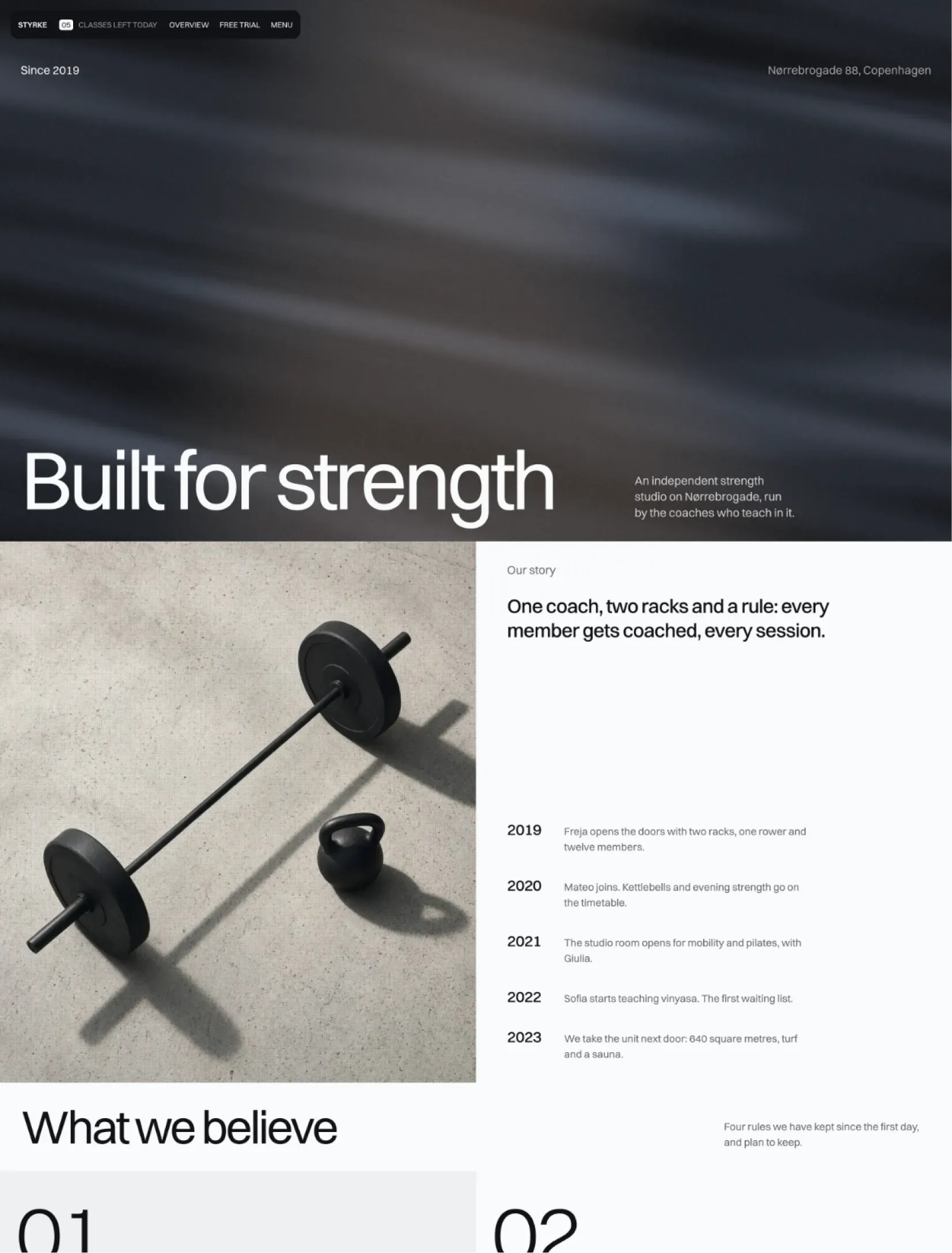 The Coleman about page with the headline built for strength over a blurred photograph of the gym