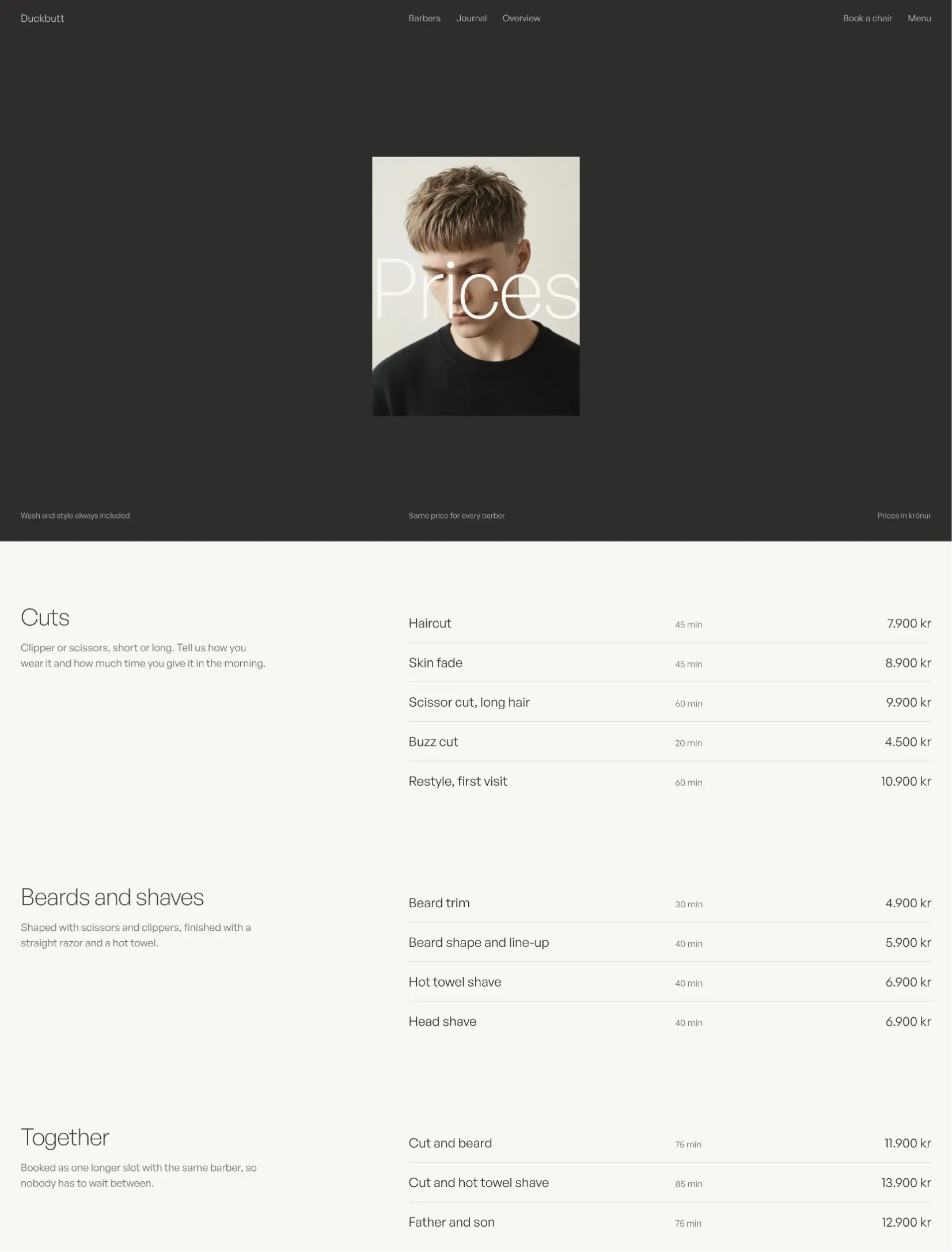 The Duckbutt price list on a dark page with a portrait of a client