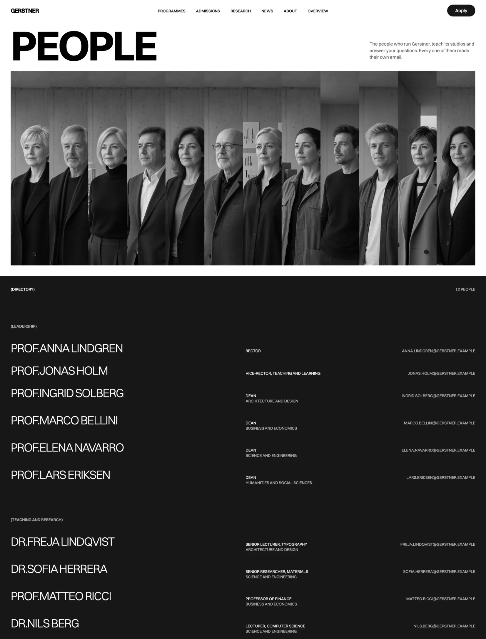 The Gerstner people page with a row of black and white faculty portraits above a list of names