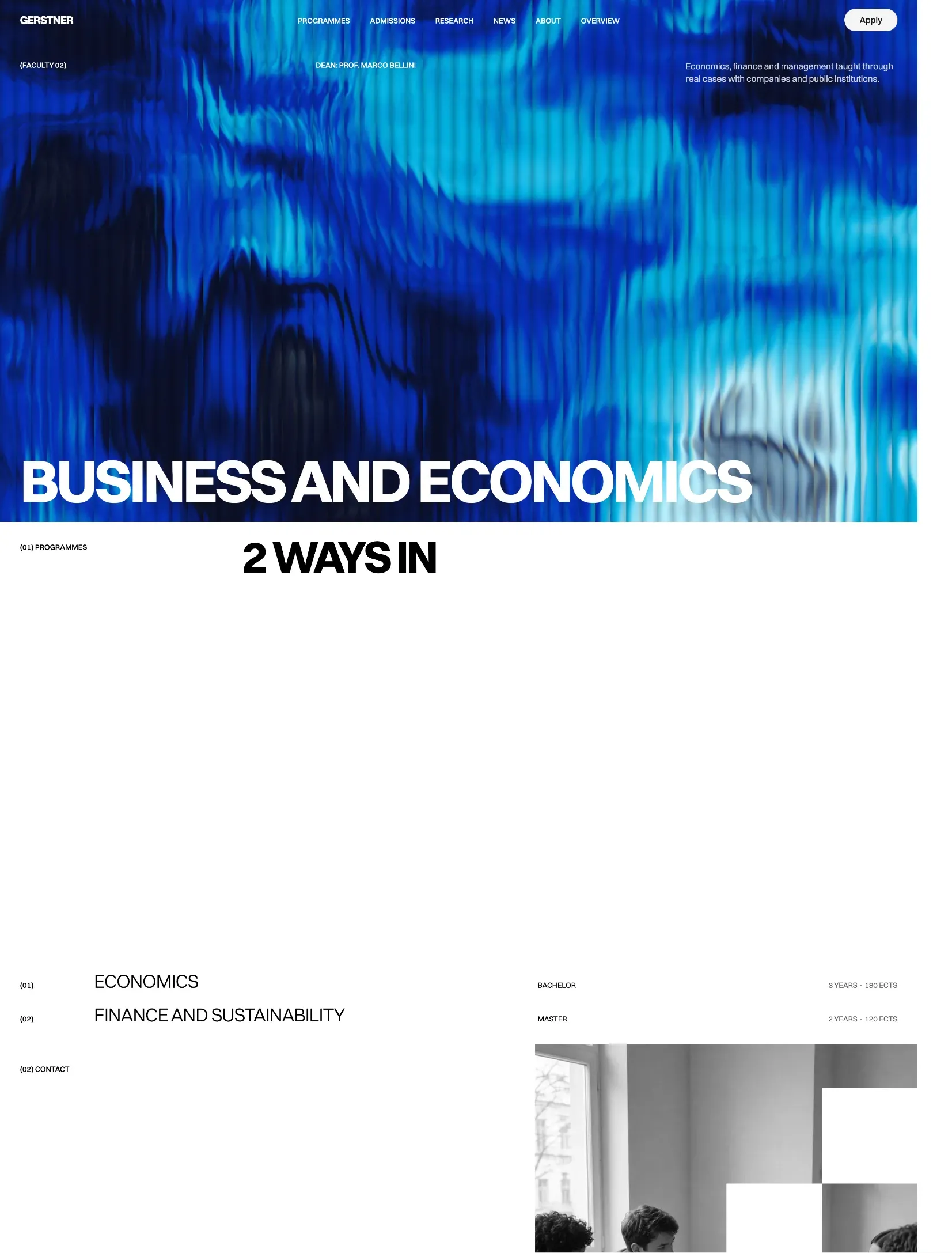 The Gerstner business and economics programme page over a blue abstract image