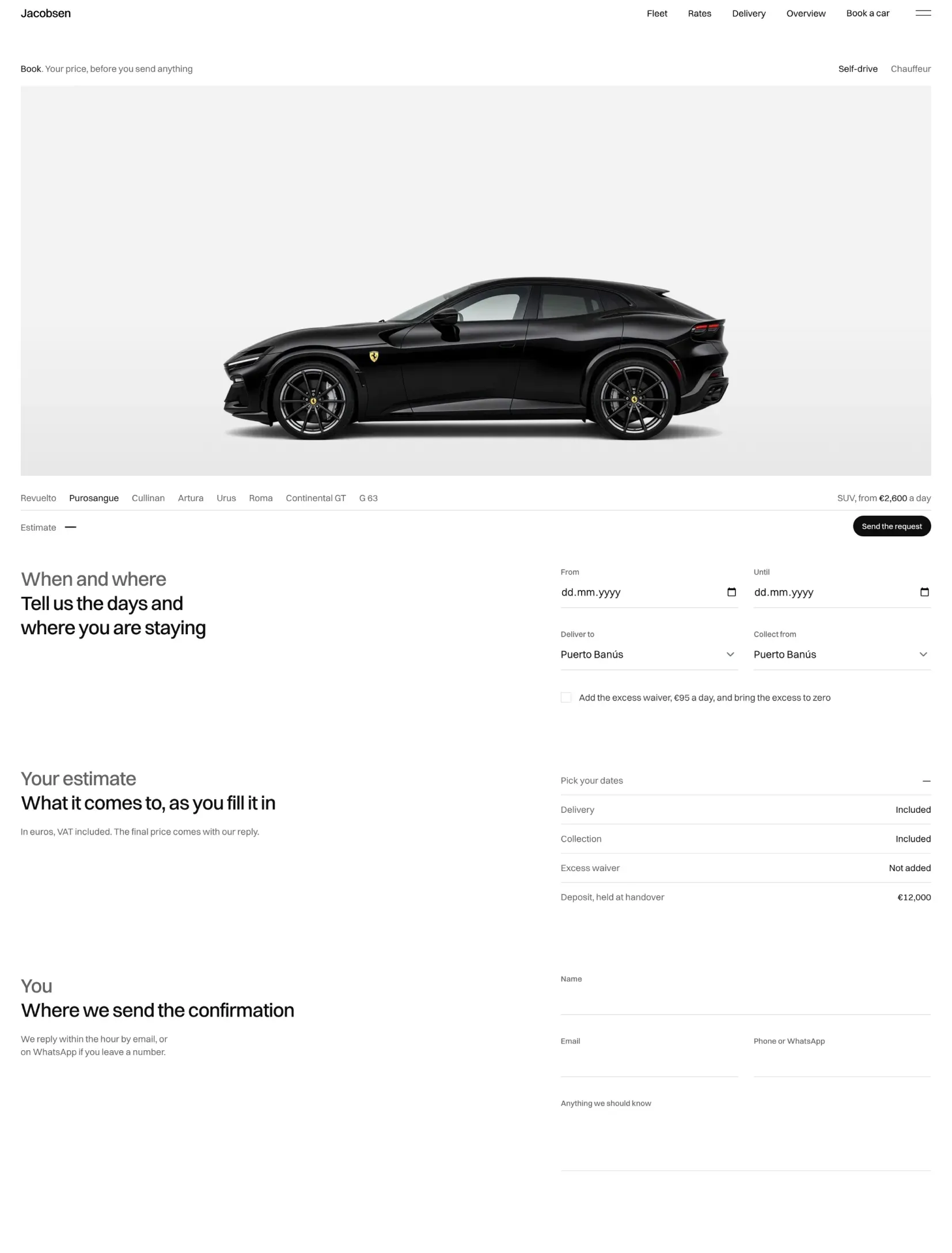 The Jacobsen booking page with the car and the rental options