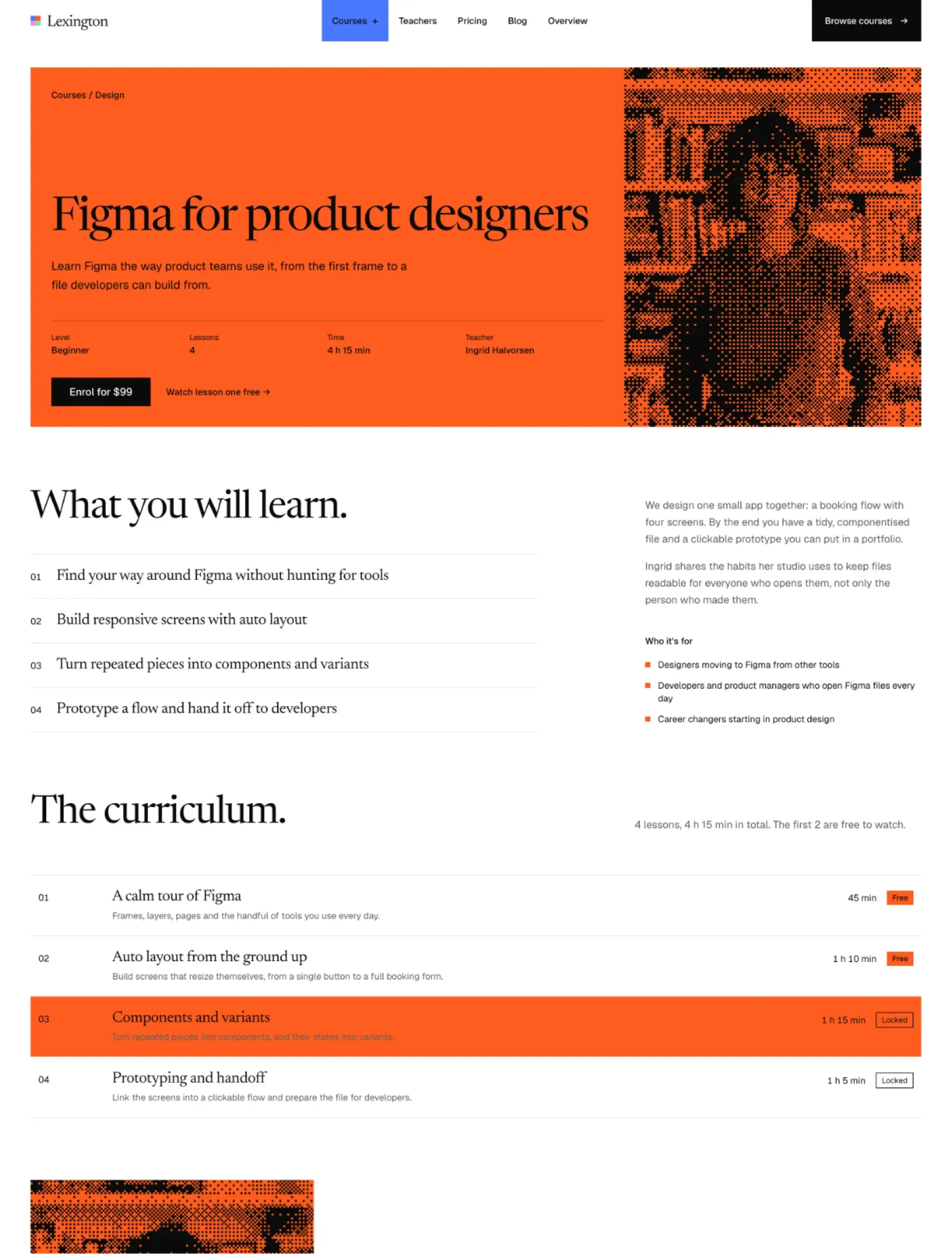 The Enlightr course page for Figma for product designers on an orange ground