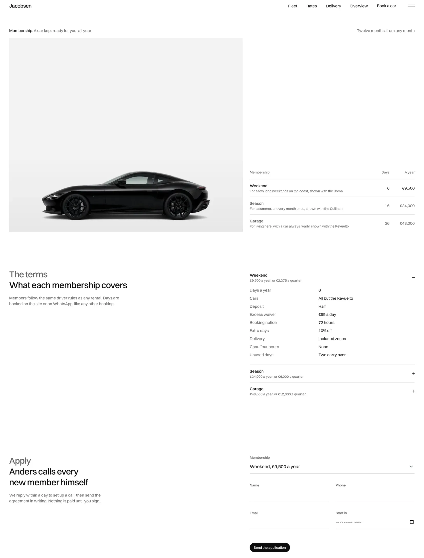 The Jacobsen page for a single car with its photograph and specifications