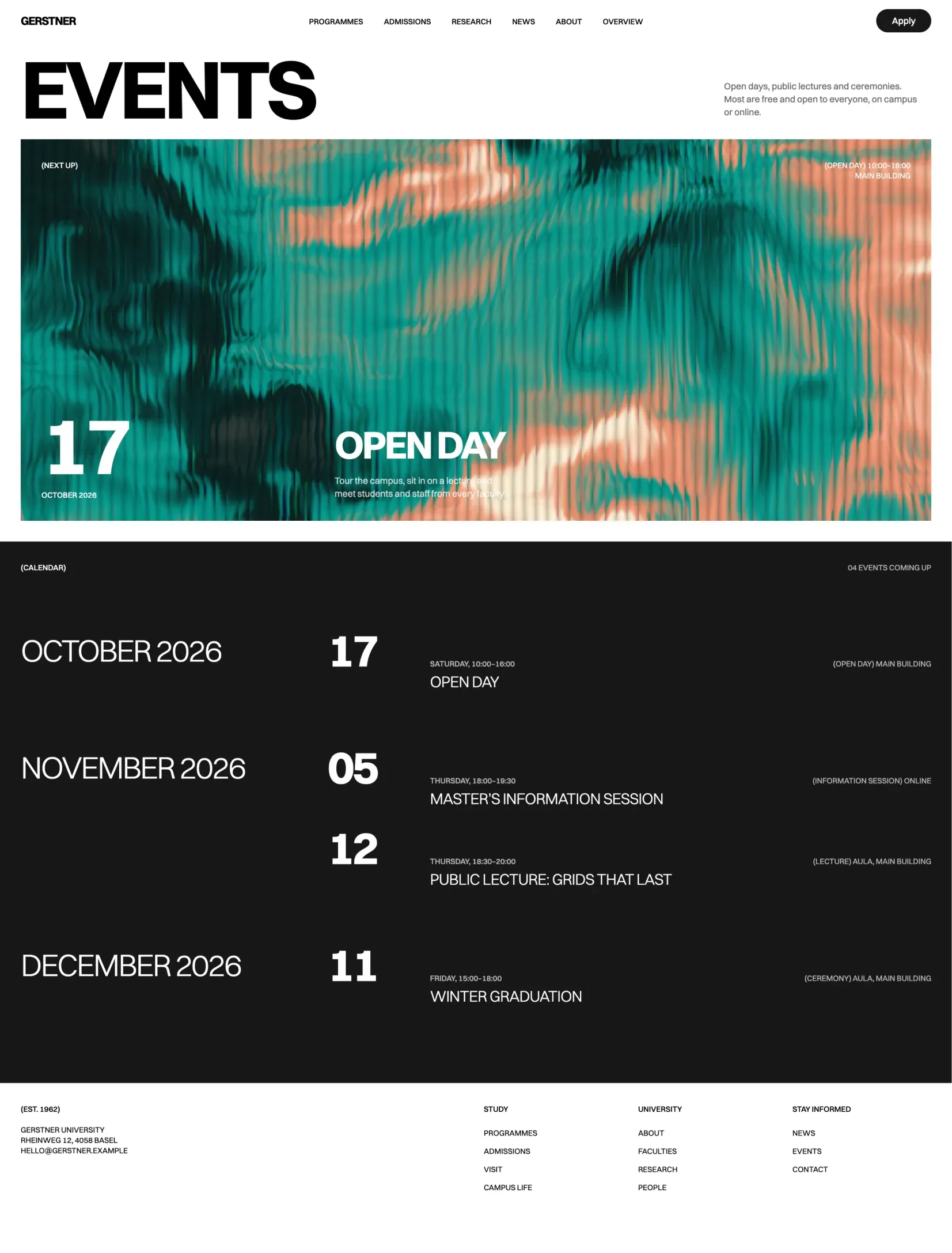 The Gerstner events page with dates in large type