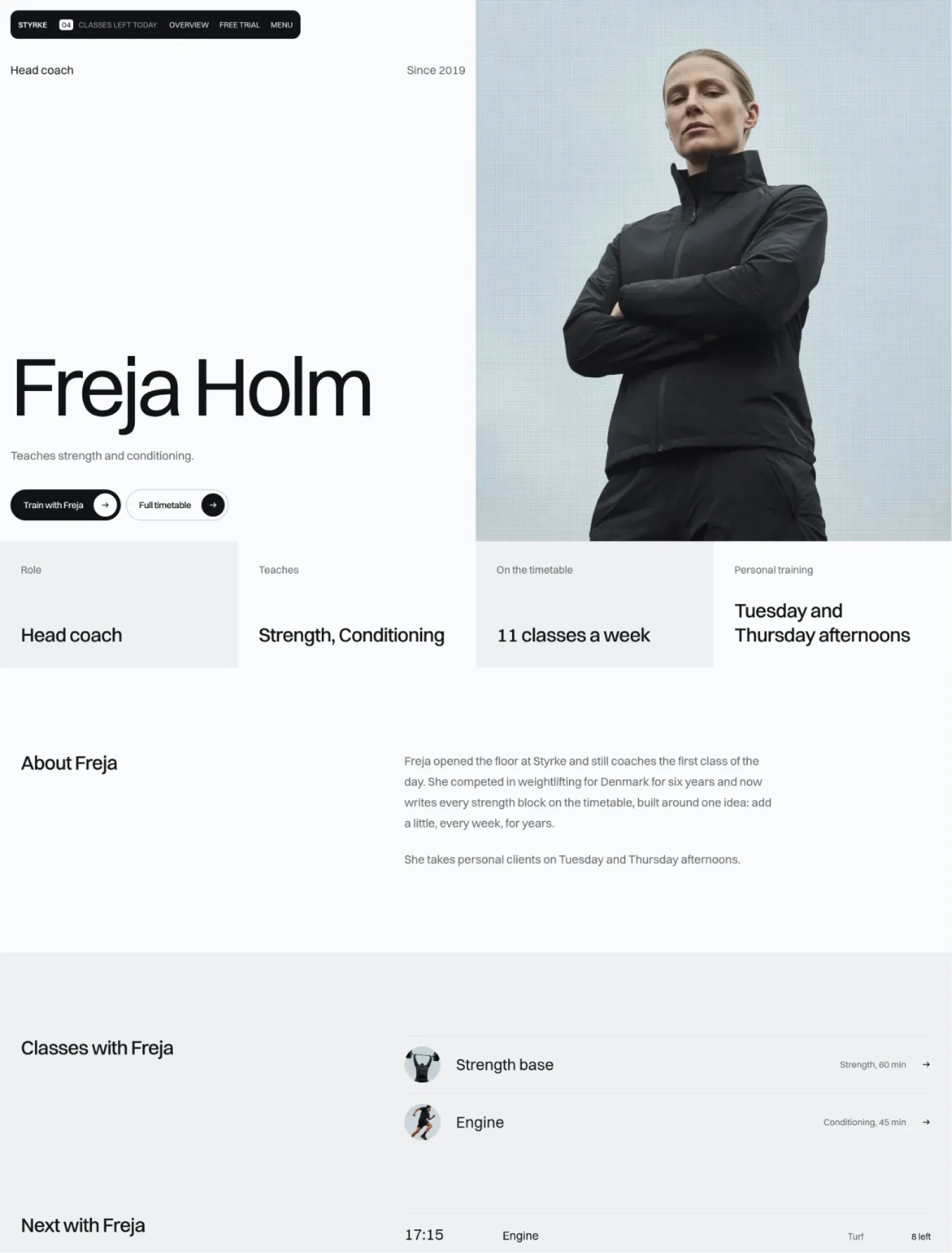 The Coleman profile page for the head coach Freja Holm