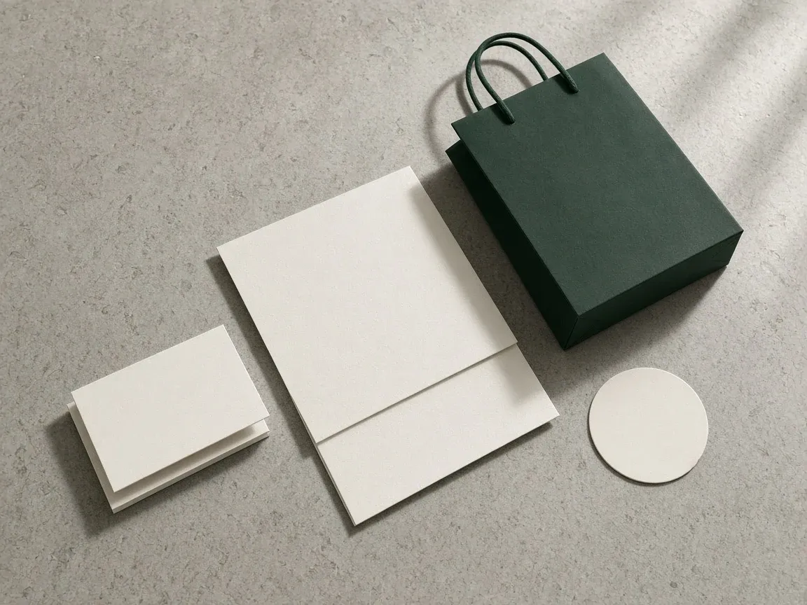 Blank business cards, a letterhead, a round sticker and a dark green paper bag on grey stone