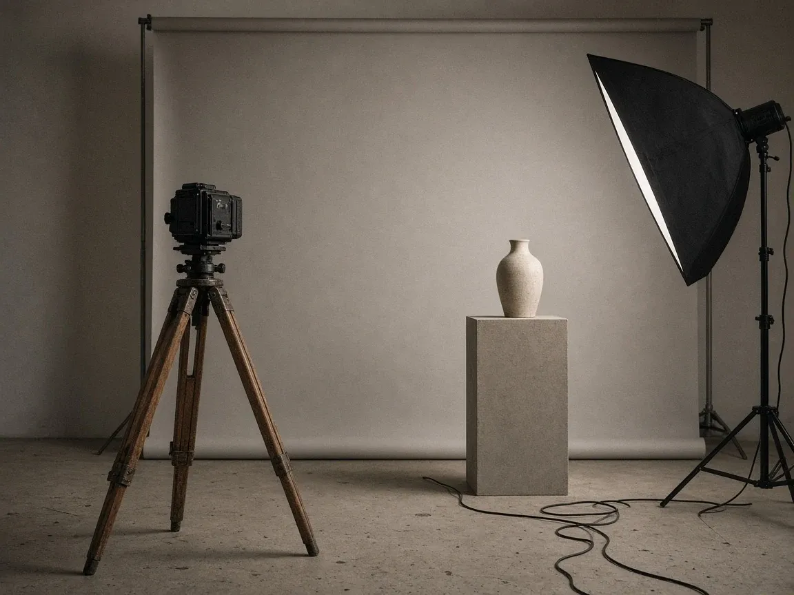 An empty photo studio with a camera on a wooden tripod facing a ceramic vase on a plinth and a soft box light