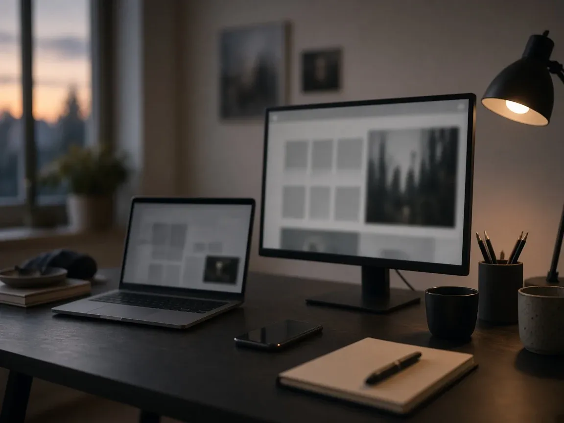 A studio desk at dusk with a laptop and a monitor showing a website layout, a phone and a notebook